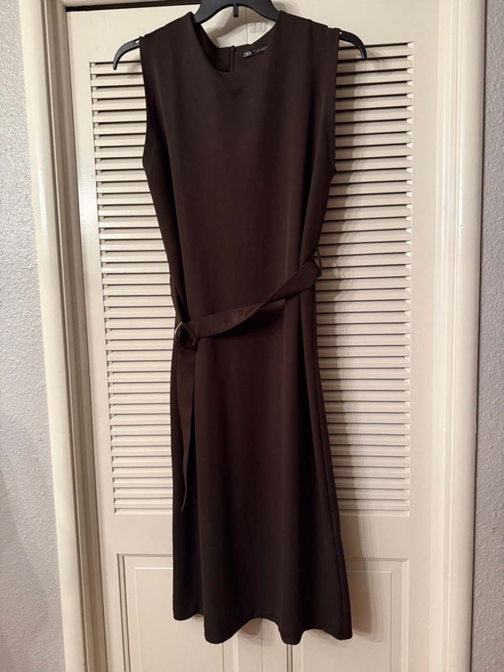 Zara Sleeveless Midi Dress in Dark Brown with Self-Tie Belt